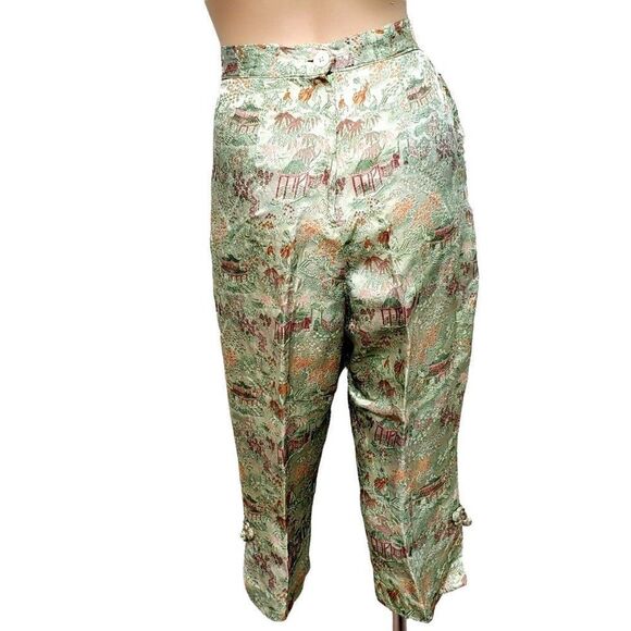 Vintage 70s Cropped Pants 4 Chinese Capri Pedal Pusher Brocade Green - Picture 3 of 10